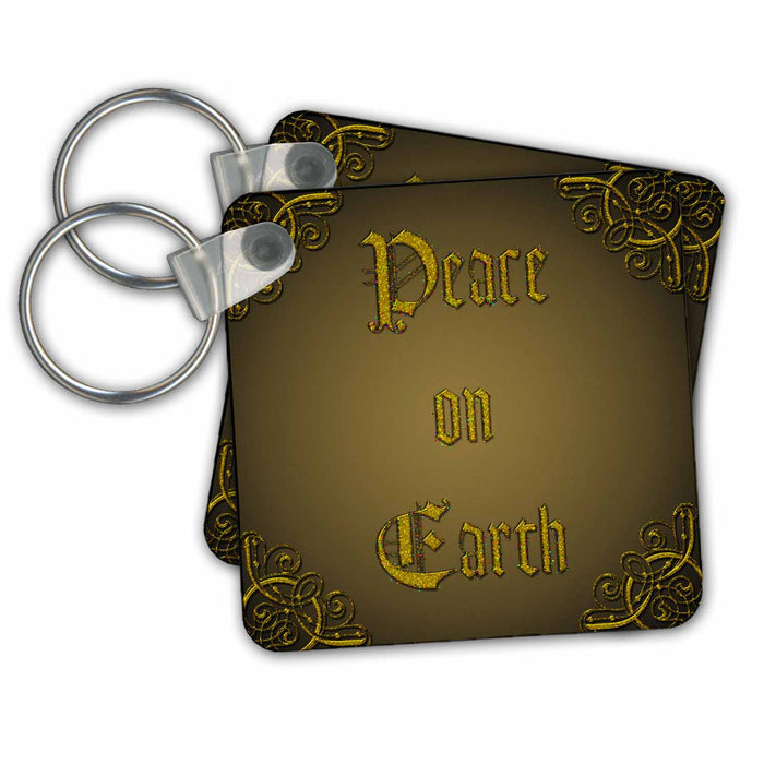 Key Chain - Sparkling golden Peace On Earth text design on a coffee colored background Designs Holidays