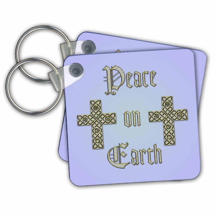 Key Chain - Sparkling silver Peace On Earth text design with crosses on a pastel blue background Designs Holidays