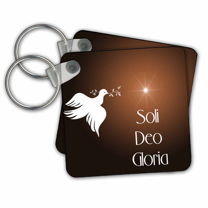 Key Chain - Dove with an olive branch, bright star and Soli Deo Gloria, Glory to God Alone. on orange brown bk. Designs Text Art