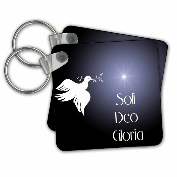 Key Chain - Dove with an olive branch, bright star and Soli Deo Gloria, Glory to God Alone. on dark blue bk.. Designs Text Art