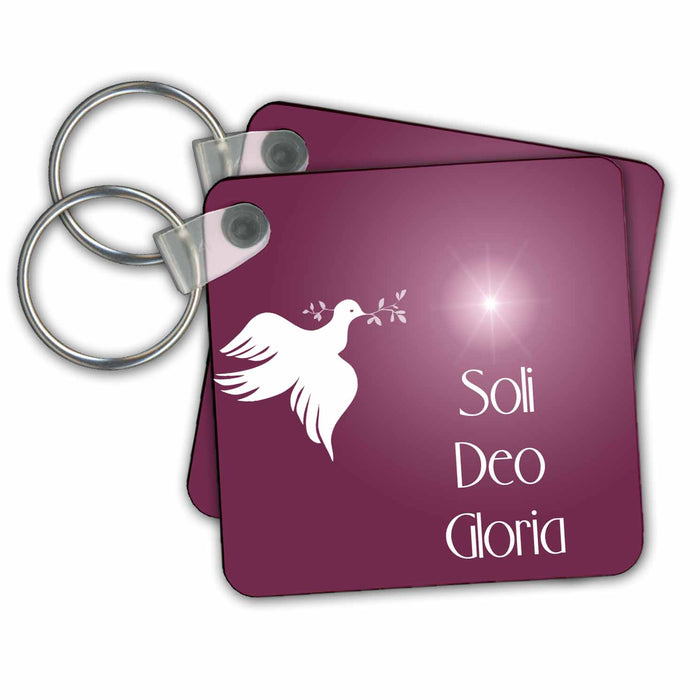 Key Chain - Dove with an olive branch, bright star and Soli Deo Gloria, Glory to God Alone. on red brown bk. Designs Text Art