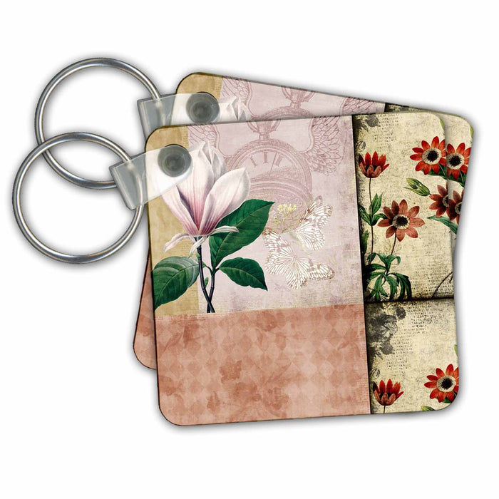 Key Chain - Vintage Anemones and Magnolia Collage Art PS Vintage