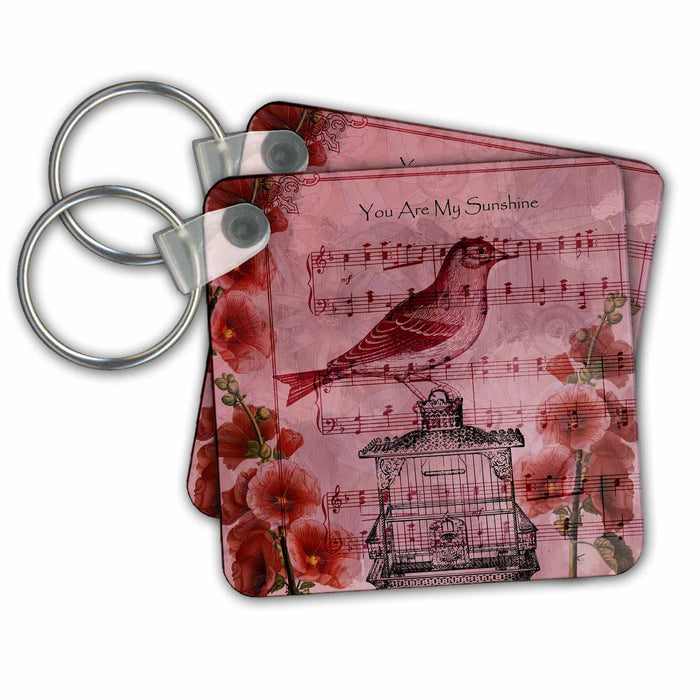 Key Chain - Vintage Hollyhocks Bird with Song You Are My Sunshine PS Vintage