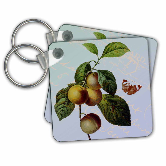 Key Chain - Vintage Plums with Butterfly- Fruits PS Vintage