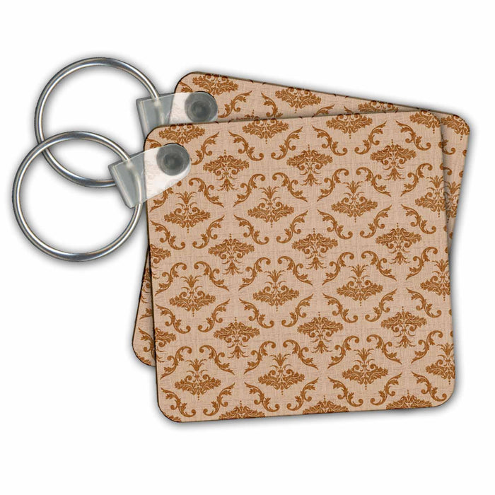 Key Chain - Tan Brown Textured Look Damask Pattern PS Vintage