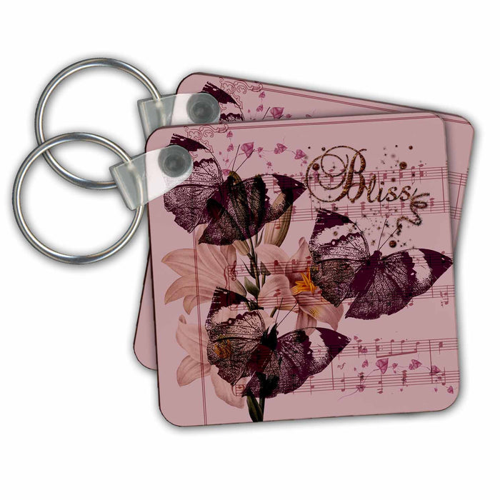 Key Chain - Bliss Pink Butterflies and Lilies with Song Sheet- Music PS Vintage