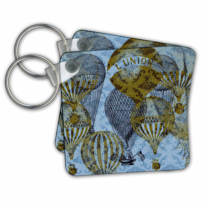 Key Chain - Vintage Blue Damask Hot Air Balloons French Art PS Vintage