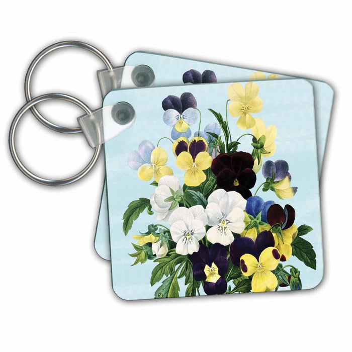 Key Chain - Vintage Pretty Pansies Botanical Art PS Vintage