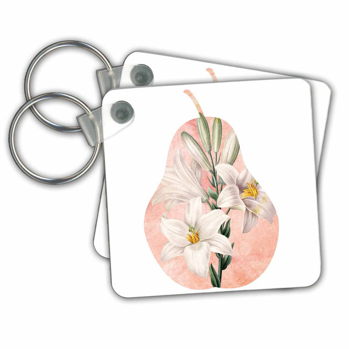 Key Chain - Peach Pear with Lilies Botanical Vintage Art PS Vintage