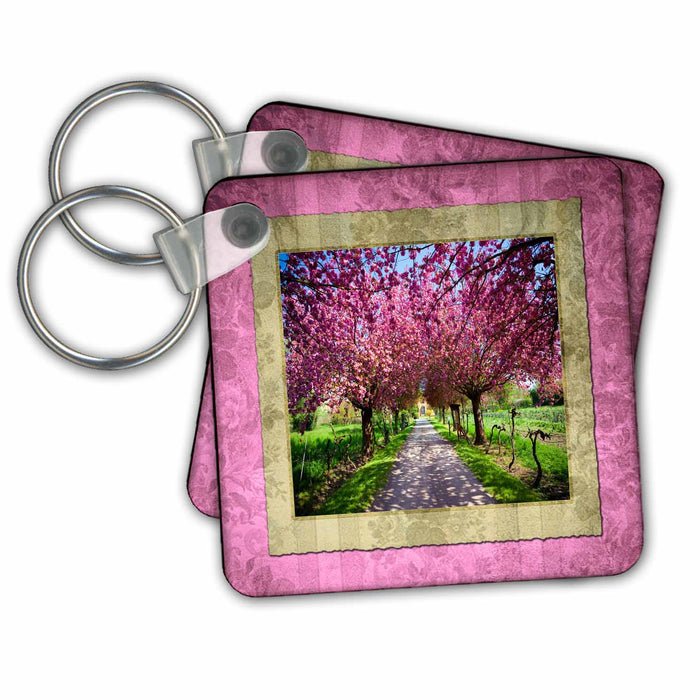 Key Chain - Pink Flowers Tree Canopy Designs Nature Themes