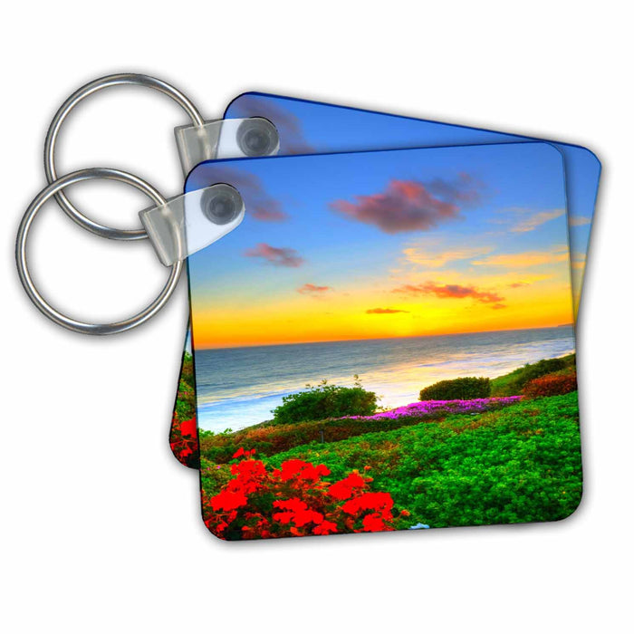 Key Chain - Ocean art with a pretty valley and pretty flowers Nature