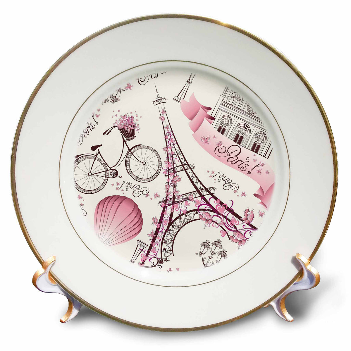 3dRose eiffel tower, notre dame, pink flowers, paris, hot air balloons,... - Plates (cp-376214)