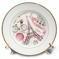 3dRose eiffel tower, notre dame, pink flowers, paris, hot air balloons,... - Plates (cp-376214)
