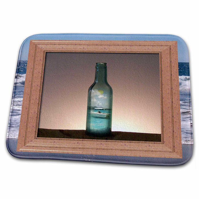 Dish Drying Mat - Time In A Bottle features photograph of glass bottle with summer ocean scene inside Designs Summertime