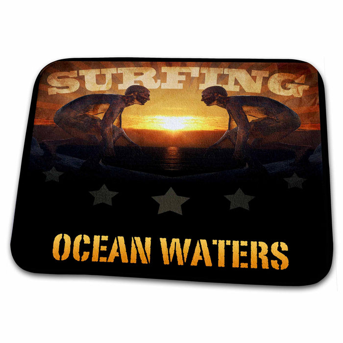 Dish Drying Mat - Surfing shows surfers on boards with reflective waters of Pacific Ocean background Designs Summertime