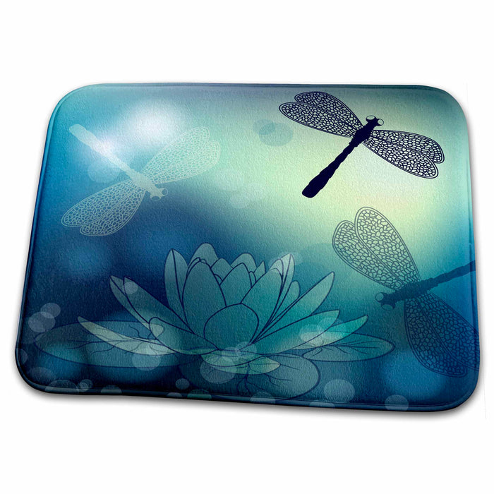 Dish Drying Mat - Translucent Shimmering Blue Dragonflies and Dragonflies