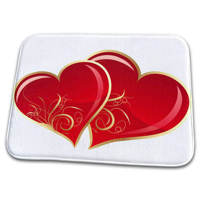 Dish Drying Mat - Two Red and Gold Shimmering Hearts With Flourishes Hearts