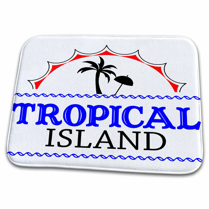 Dish Drying Mat - Palm Tree and Umbrella Under A Sun With The Words Tropical Island Summer