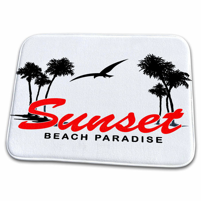 Dish Drying Mat - Palm Trees and Flying Sea Gull With The Words Sunset Beach Paradise Summer