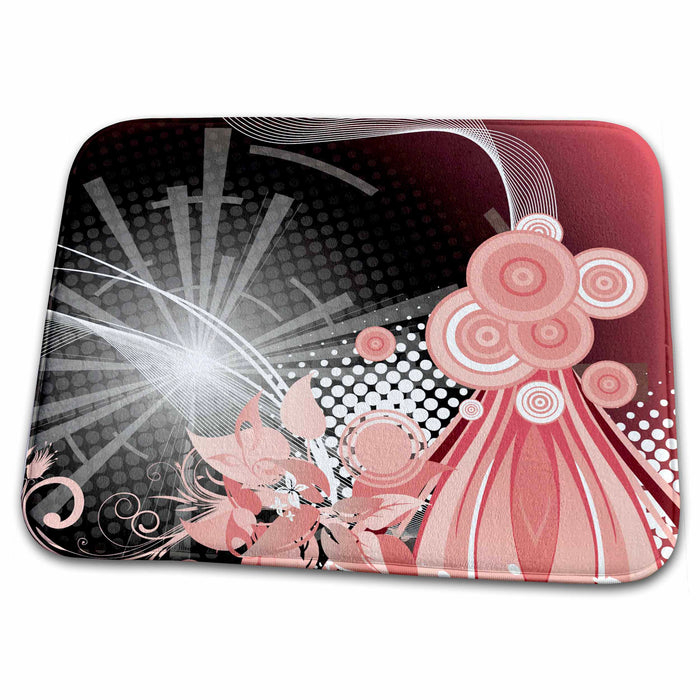 Dish Drying Mat - Pink, White, Black Shimmering Streamers and Circles Abstract Abstract