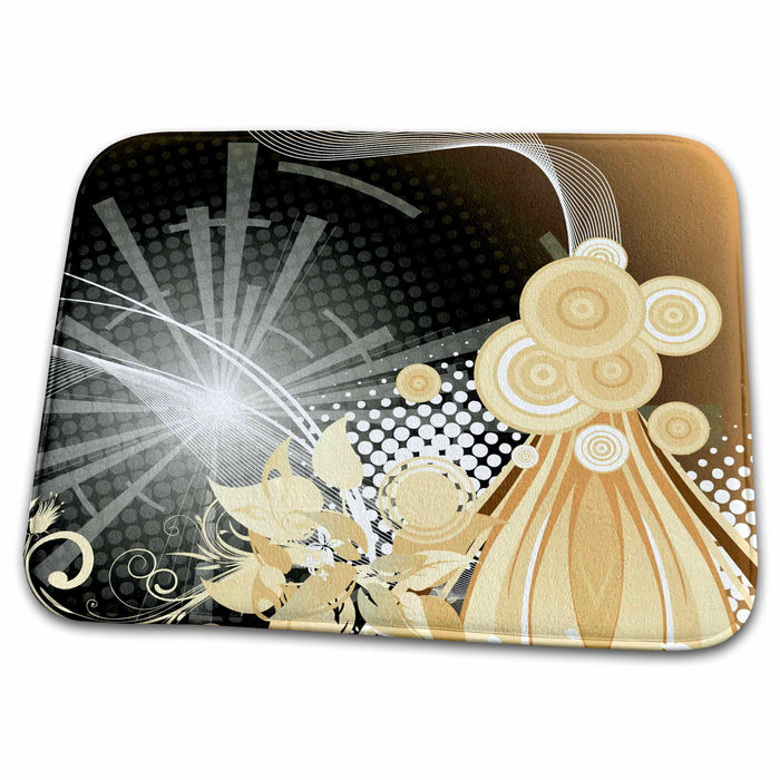 Dish Drying Mat - Beige, White, and Black Shimmering Streamers and Circles Abstract Abstract