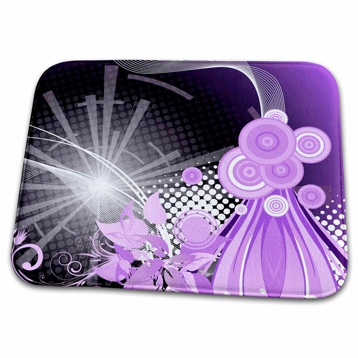 Dish Drying Mat - Purple, White, And Black Shimmering Streamers and Circles Abstract Abstract