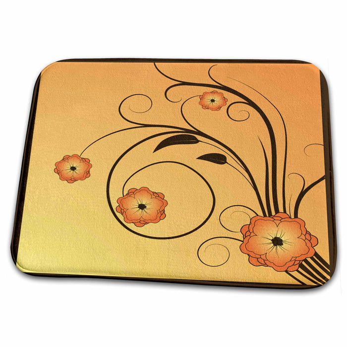 Dish Drying Mat - Shimmering Orange Flowers and Flourishes Flowers