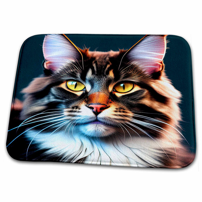 Dish Drying Mat - Stylish Maine Coon cat face on dark. Beautiful digital art gift Alexis Design - Animals Cats Maine Coon Cat