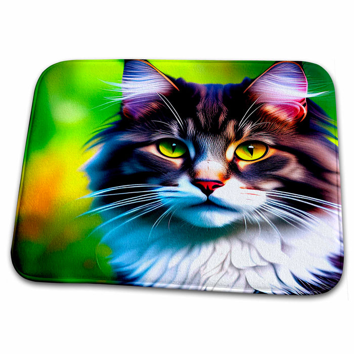 Dish Drying Mat - Charming Norwegian Forest cat face on green. Awesome digital art gift Alexis Design - Animals Cats Norwegian Forest Cat