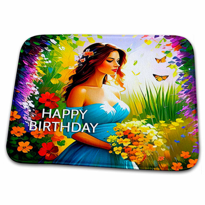 Dish Drying Mat - Happy Birthday. Incredible young lady in blue with a bunch of flowers Alexis Design - Woman In The Garden