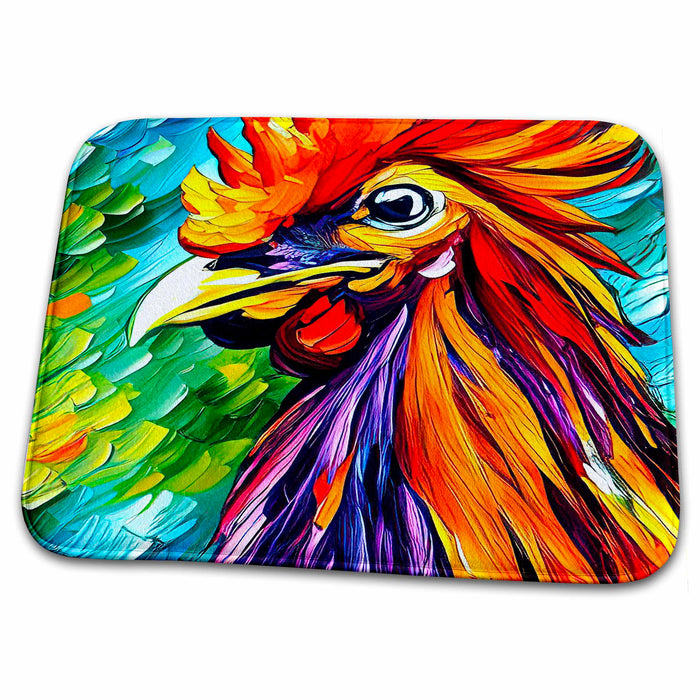 Dish Drying Mat - Cool colorful rooster portrait. Chic digital painting gift, card Alexis Design - Animals Rooster