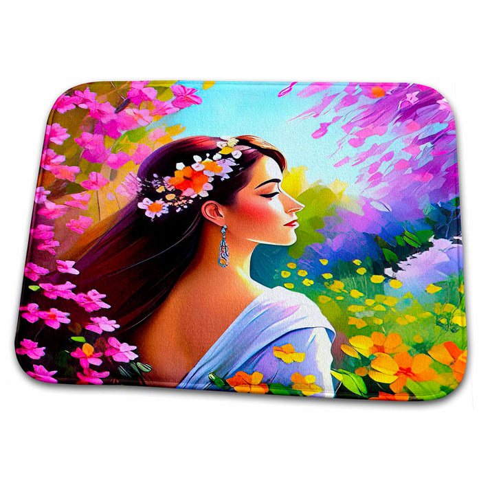 Dish Drying Mat - Young lady wears a flower garland and catches the sun in the garden Alexis Design - Woman In The Garden