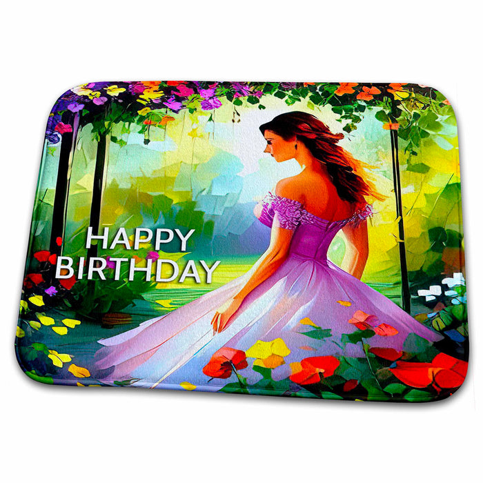 Dish Drying Mat - Happy Birthday. Young woman in purple dress in the garden pavilion Alexis Design - Woman In The Garden