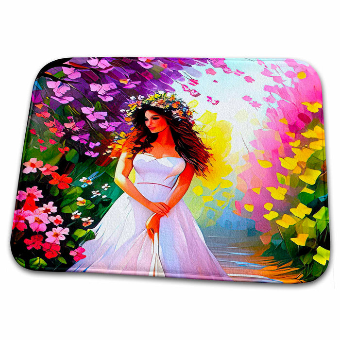 Dish Drying Mat - Young woman wears a flower garland. Pink blossoms, flowers. Cool gift Alexis Design - Woman In The Garden