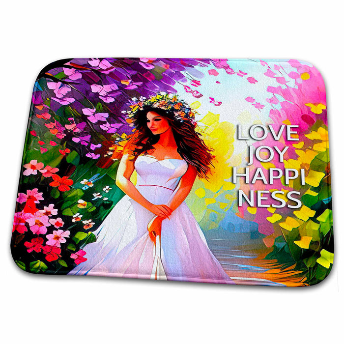 Dish Drying Mat - Love. Joy. Happiness. Young woman wears a flower garland. Cool card Alexis Design - Woman In The Garden