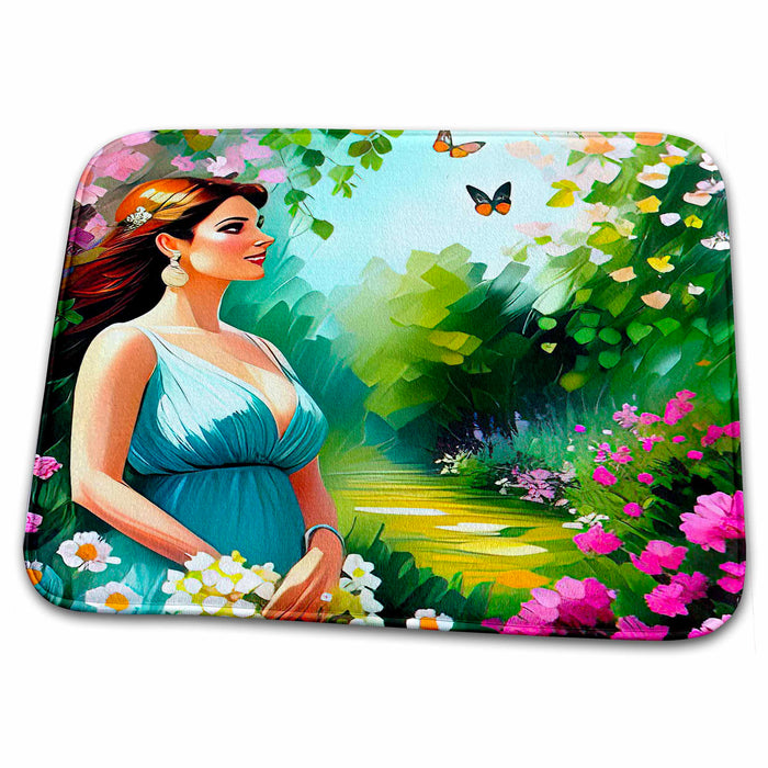 Dish Drying Mat - Smiling young woman looks at flying butterflies in the garden gift Alexis Design - Woman In The Garden