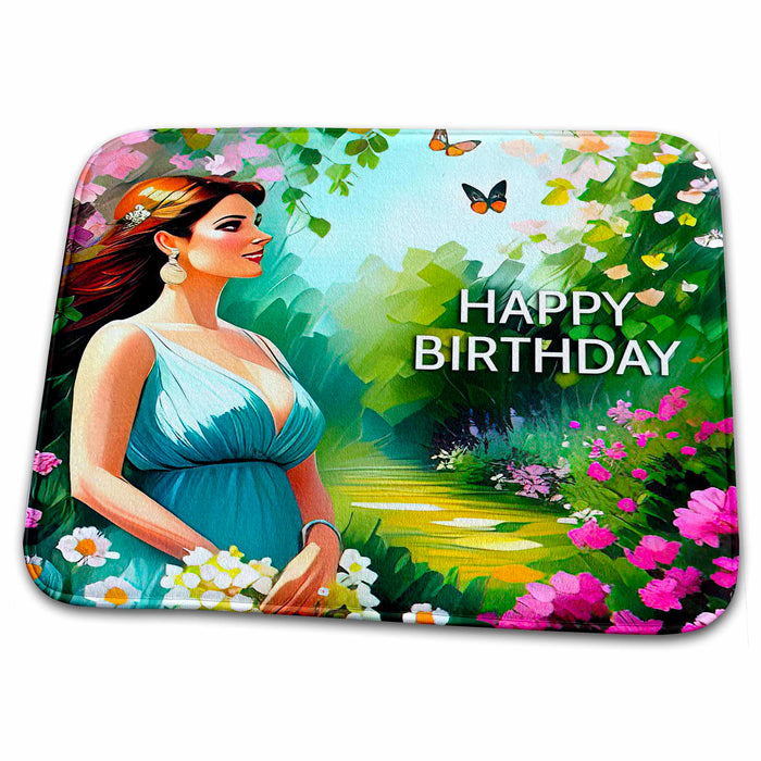 Dish Drying Mat - Happy Birthday. Smiling young woman looks at butterflies in a garden Alexis Design - Woman In The Garden