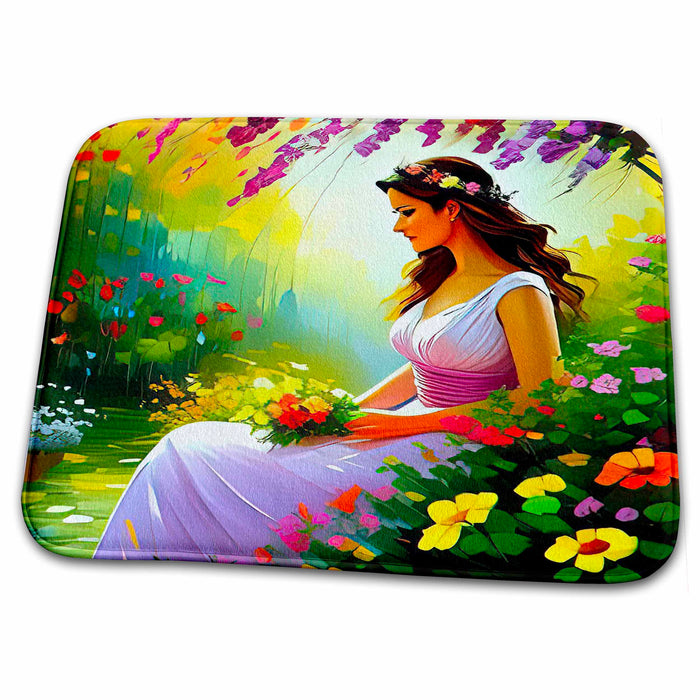 Dish Drying Mat - Charming woman with a bunch of flowers sits in the flower garden gift Alexis Design - Woman In The Garden