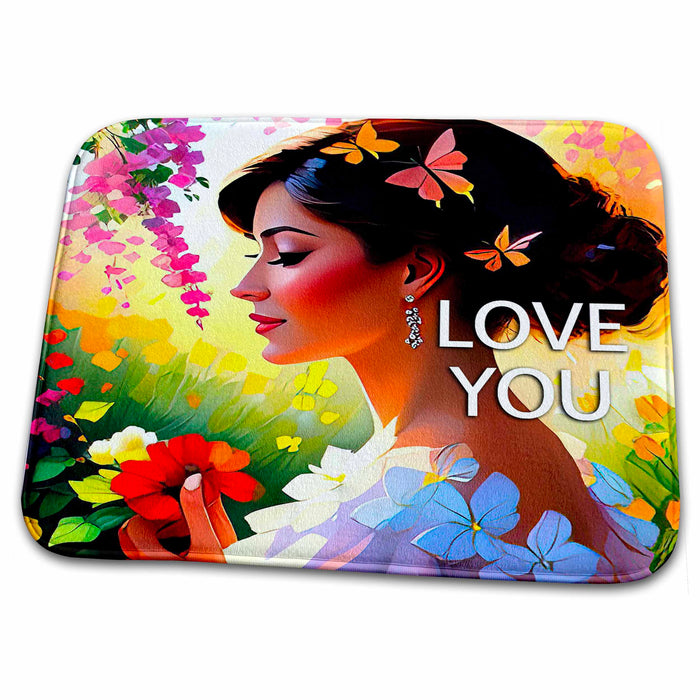 Dish Drying Mat - Love You. Amazing beauty in the garden. Flowers and butterflies. Card Alexis Design - Woman In The Garden