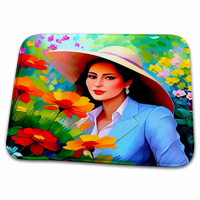 Dish Drying Mat - Elegant beauty in large straw hat in the garden. Red, yellow flowers Alexis Design - Woman In The Garden