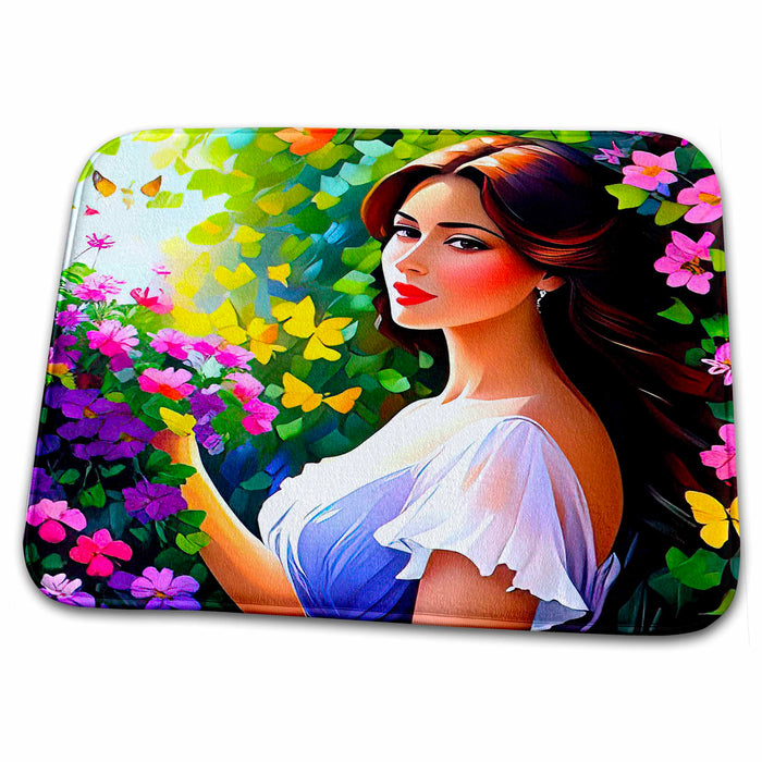 Dish Drying Mat - Beautiful young woman in the garden. Morning sun. Colorful flowers Alexis Design - Woman In The Garden