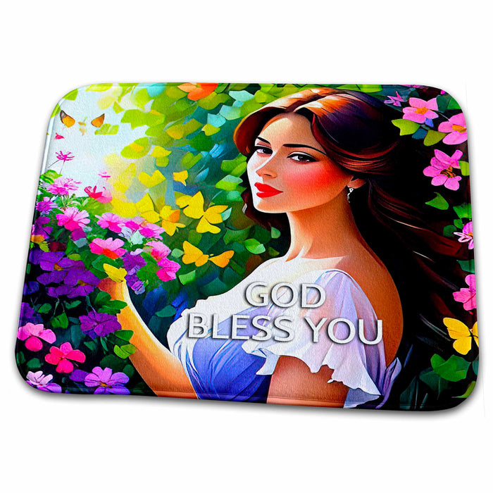 Dish Drying Mat - God Bless You. Beautiful young woman in the garden. Morning sun. Card Alexis Design - Woman In The Garden