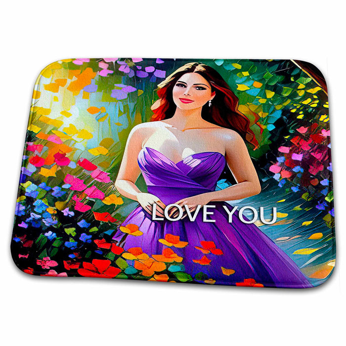 Dish Drying Mat - Love You. Smiling young lady in purple dress in the flower garden Alexis Design - Woman In The Garden