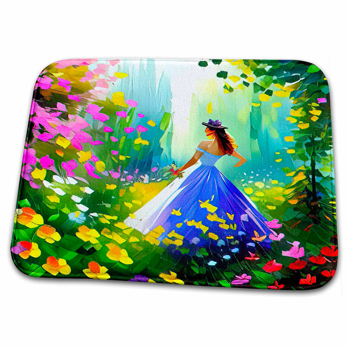 Dish Drying Mat - Young lady in blue dress enjoys the morning sun in the flower garden Alexis Design - Woman In The Garden