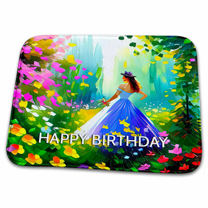 Dish Drying Mat - Happy Birthday. Young lady in blue dress enjoys the sun in the garden Alexis Design - Woman In The Garden