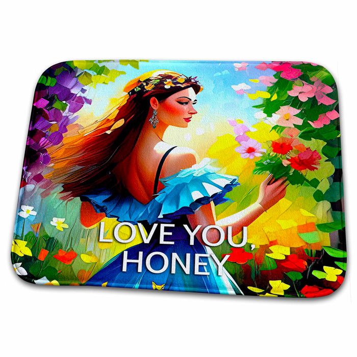 Dish Drying Mat - Love You, Honey. Nice young lady in the garden. Romance greeting card Alexis Design - Woman In The Garden