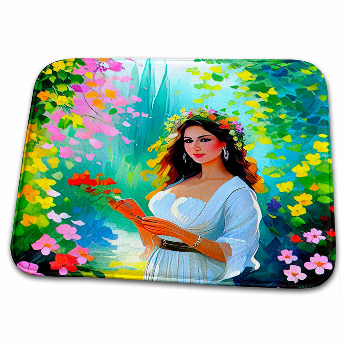 Dish Drying Mat - Pretty young woman in the garden with a book in her hands cool gift Alexis Design - Woman In The Garden