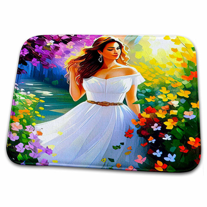 Dish Drying Mat - Classy young woman enjoys colorful flowers in the morning garden gift Alexis Design - Woman In The Garden