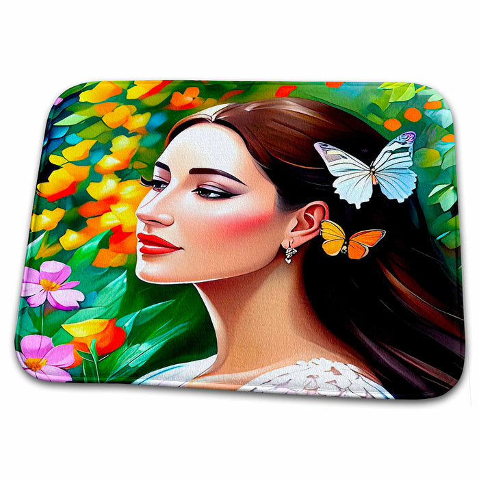 Dish Drying Mat - Adorable young woman and two butterflies on her head in the garden Alexis Design - Woman In The Garden