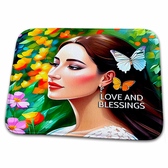 Dish Drying Mat - Love And Blessings. Adorable young woman and two butterflies card Alexis Design - Woman In The Garden